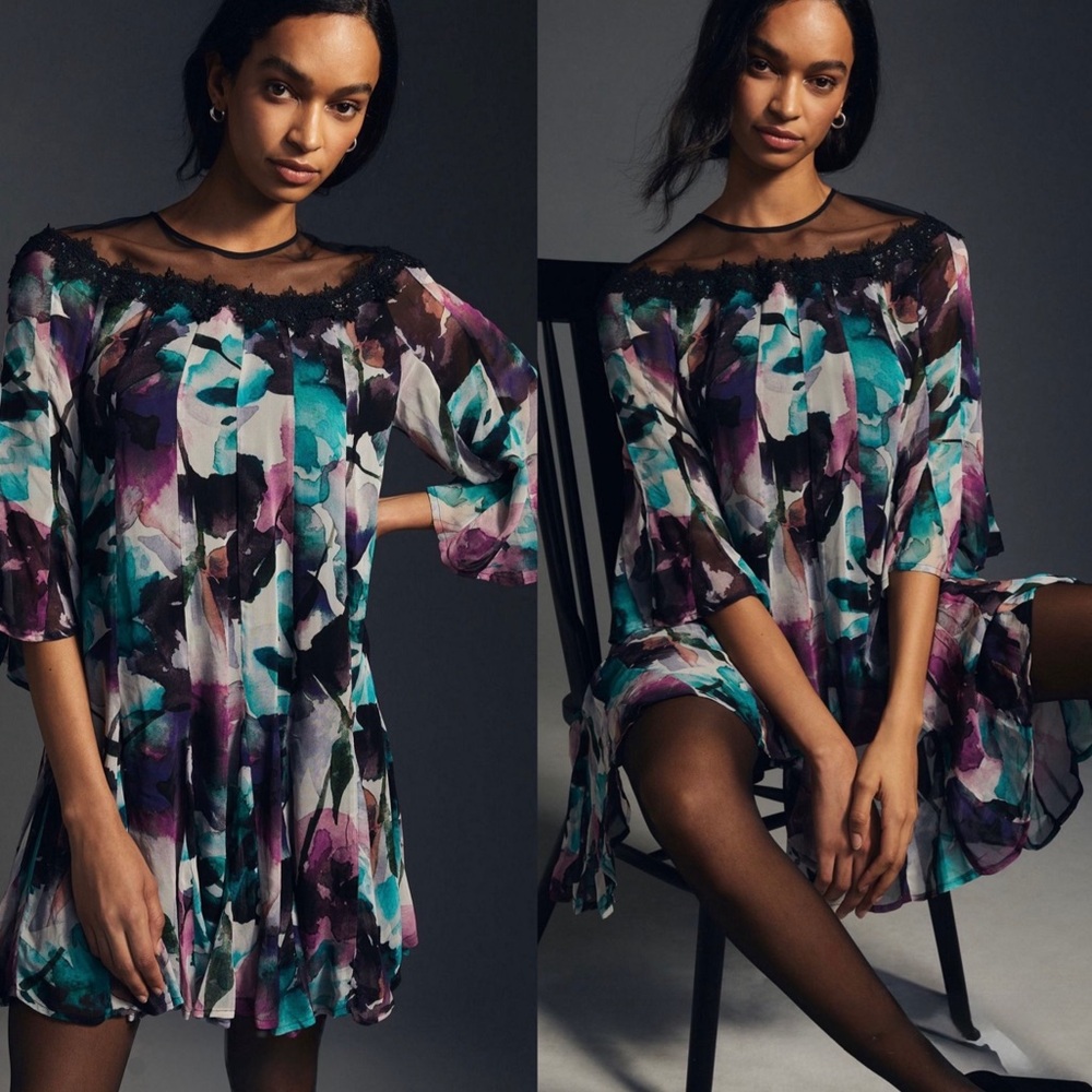 By Anthropologie Watercolor Flutter-Sleeve Dress Sz. XXS Sz. XS NWT